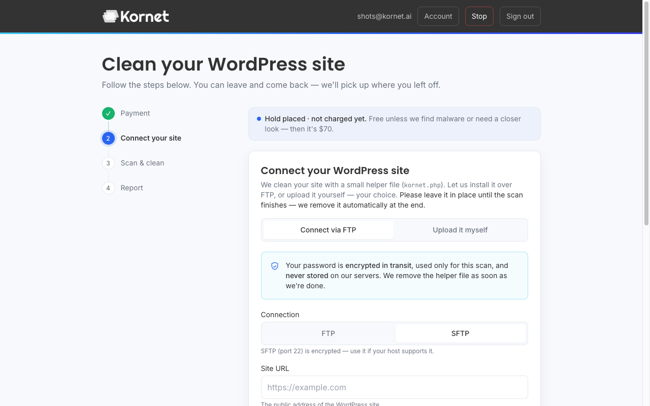 Kornet connect step — enter FTP details or upload the connector file yourself