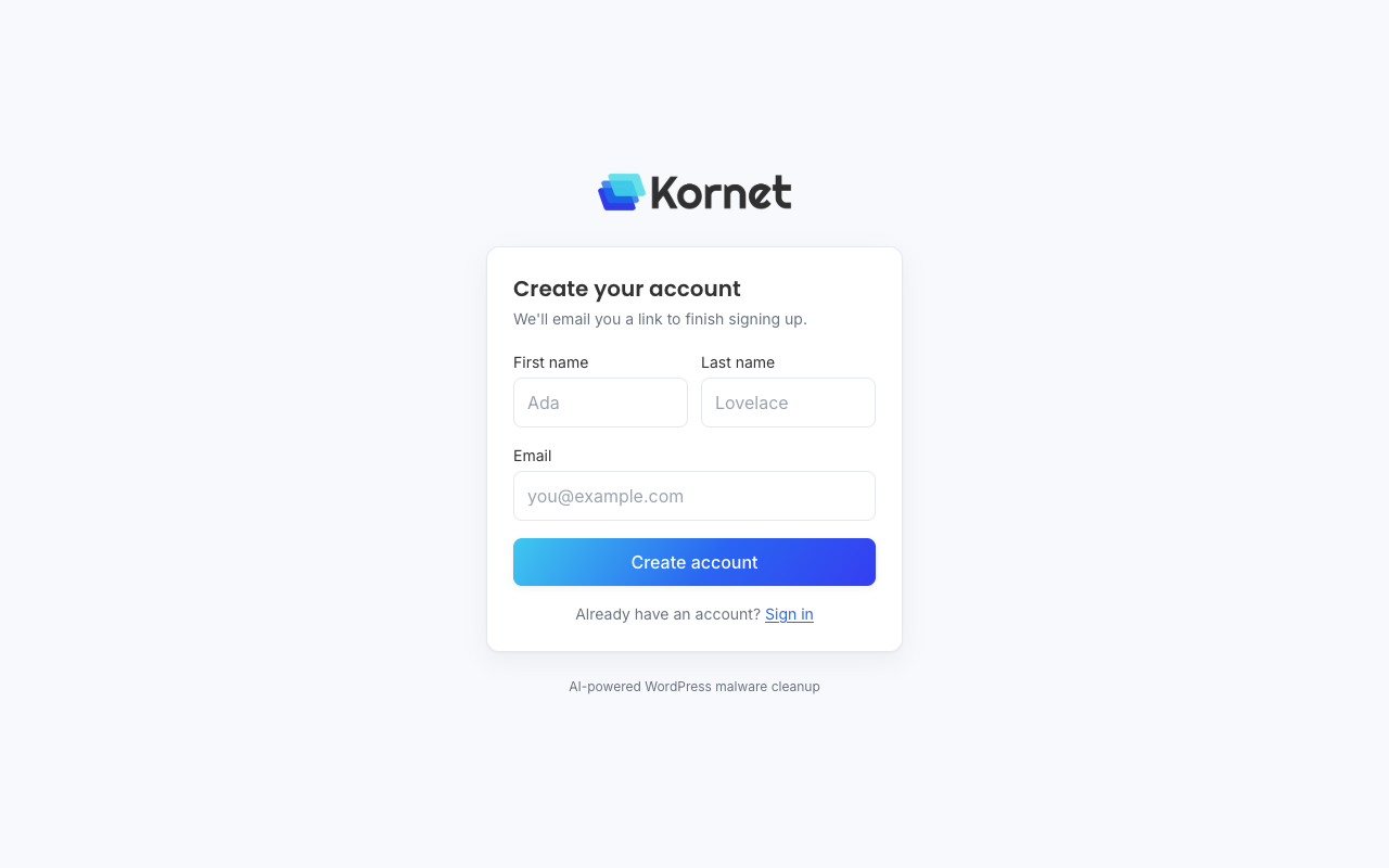 Kornet sign-up screen — create your account with first name, last name and email, no card required